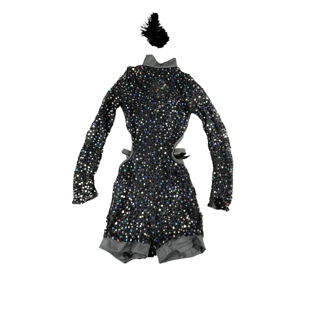 Weissman Gray Sequin Dance Costume Long Sleeve Child M Sparkle Leotard Biketard